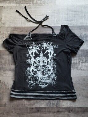 Womens Y2K Gothic Graphic Top Layered Halter goth Grunge Emo Shirt Medium